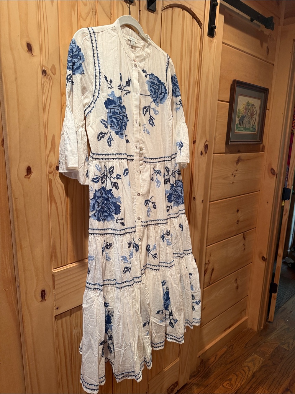 Sundance White Maxi Dress with Blue Floral Embroidery